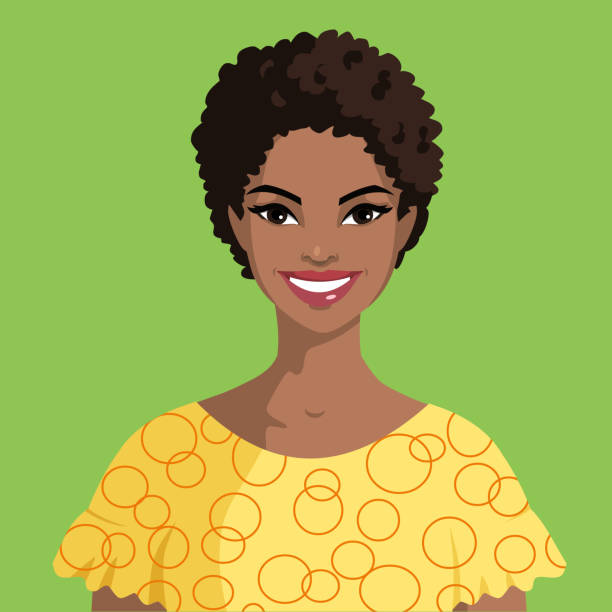 Portrait of a smiling young black woman with a short haircut. African girl isolated on green background. Avatar of a happy dark-skinned woman in yellow clothes. Vector.